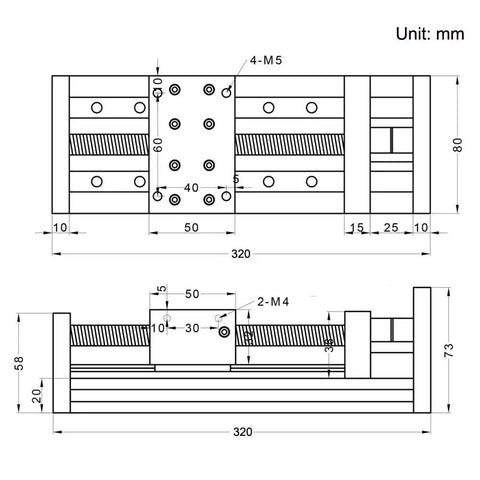 Beefy 200mm Travel Double Linear Rail With SFU1605 Ballscrew And NEMA23 Stepper Motor For DIY CNC Router X Y Z Linear Stage Actuator And 3D Printer High Precision 0.03mm Repeatability And 40kg Horizontal Load 15kg Vertical technical drawing, 320mm length