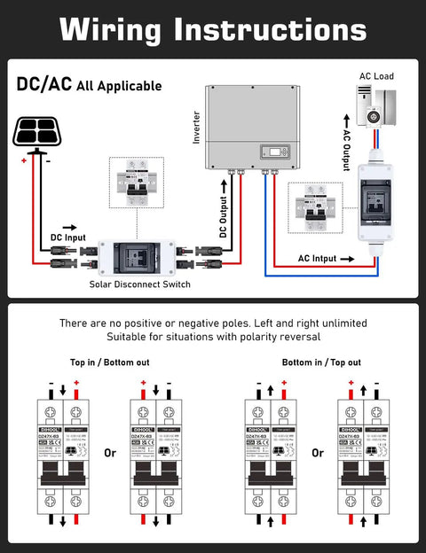 Wiring diagram for Solar Disconnect Switch 40 Amp Two Pole DIN Rail Mount Non Polarized Circuit Breaker for AC DC systems.