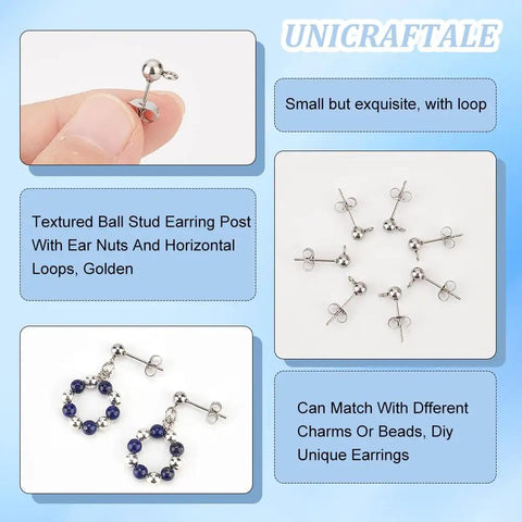 150 Pcs Ball Post Earring Kit With 75 Pairs Of 304 Stainless Steel Findings Including Loops And Ear Nuts 0.8mm Pin For DIY Earring Making No Tarnish Hypoallergenic Easy To Use, ball stud post with loops