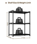Kick Dust Bunnies Out The Door With This Solid 3 Tier Metal Storage Shelf, 17.3x12.8x28.9 inches, featuring three black shelves with weights.