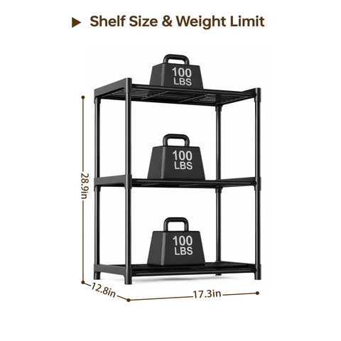 Kick Dust Bunnies Out The Door With This Solid 3 Tier Metal Storage Shelf, 17.3x12.8x28.9 inches, featuring three black shelves with weights.