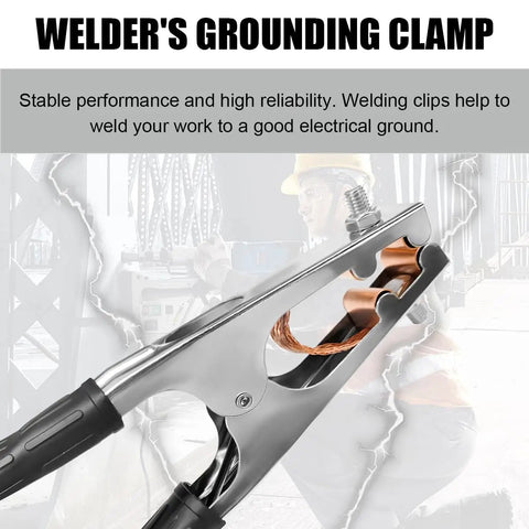Welding Ground Clamp With Electroplated Copper For Superior Conductivity Non Slip Grip Universal Fit black build with welder background