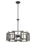 Rustic 24 Inch 5 Light Farmhouse Chandelier With Adjustable Hanging Height In Gray Oak Wood Look And Sandblasted Black Finish