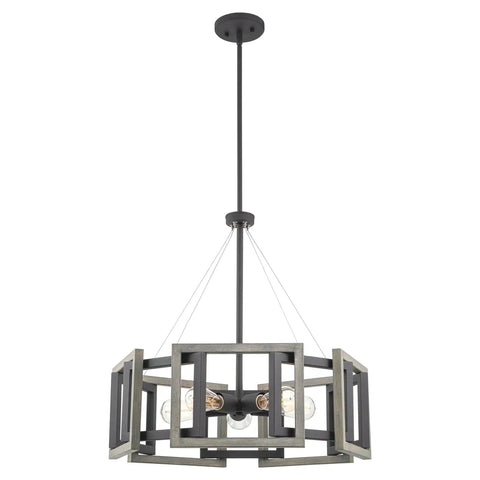 Rustic 24 Inch 5 Light Farmhouse Chandelier With Adjustable Hanging Height In Gray Oak Wood Look And Sandblasted Black Finish