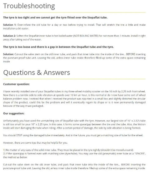 Image displaying troubleshooting tips and FAQs for Stopaflat tube installation.