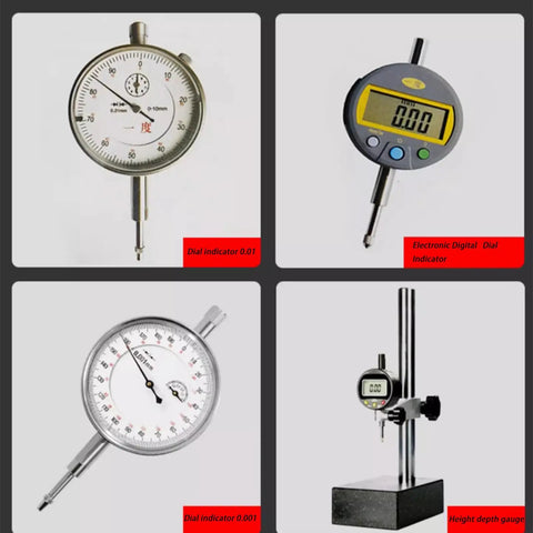 Combination of four dial indicators including digital and analog for precision measuring and calibration