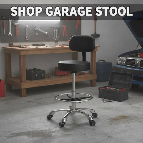 Heavy Duty Swivel Rolling Stool With Backrest For All Day Comfort On Wheels in garage setting