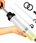 Power Steering Fluid Extractor Kit For Cars 200cc Manual Oil Sucker Pump with Dual Hoses, shown with easy-grip syringe.