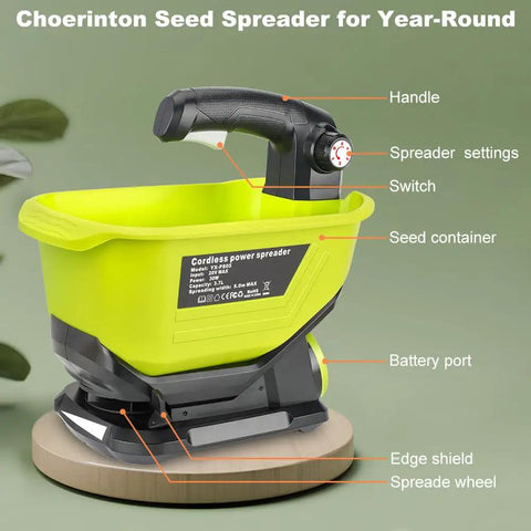 Cordless All Season Spreader For 18V Lithium Batteries, showing handle, settings, switch, seed container, battery port, edge shield.