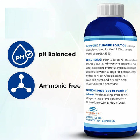 Heavy Duty Ultrasonic Eyeglass Cleaner Concentrate 16 Oz Solution in blue bottle showing pH balanced and ammonia-free features.