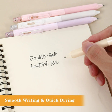 Four Cute Retractable Gel Pens With Glitter Cat Design, 0.5mm Fine Point Black Ink on notebook, writing text.