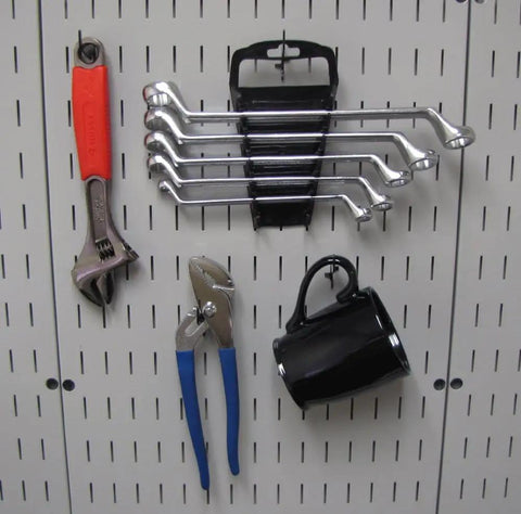 Medium 1-7/8 Inch Slotted Metal Pegboard Hook Pack For Slotted Tool Boards Black Finish holding tools and mug