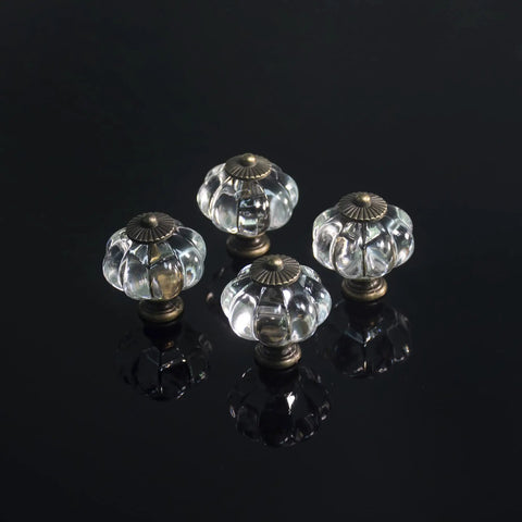 Clear Acrylic Pumpkin Cabinet Knobs Set Of 20 Vintage Decorative Pulls on black surface, close-up view of four knobs