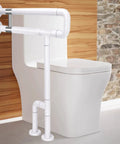28 Inch Stainless Steel Toilet Grab Bar With Anti Slip Nylon Coating Handrail For Elderly Bathroom Safety And Handicap Shower Bath Rail White Non Slip Easy Install Support installed next to a toilet.