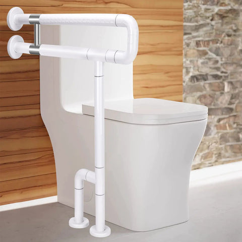 28 Inch Stainless Steel Toilet Grab Bar With Anti Slip Nylon Coating Handrail For Elderly Bathroom Safety And Handicap Shower Bath Rail White Non Slip Easy Install Support installed next to a toilet.