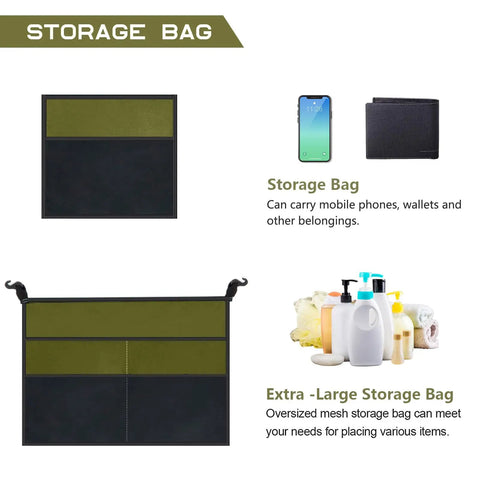 Olive and black storage bags for pop up privacy shower tent with windows for camping and bathroom breaks, featuring mobile accessories.