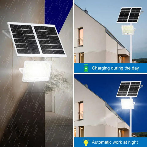 500W Solar LED Flood Light With Remote during rainy day; charging in daylight and shining at night, mounted on house