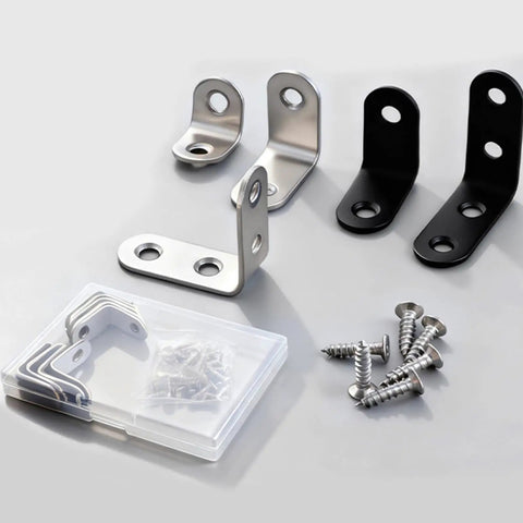 Beefy L Shaped Steel Corner Braces Set with screws, silver and black, for shelves and furniture, heavy duty metal angle connectors