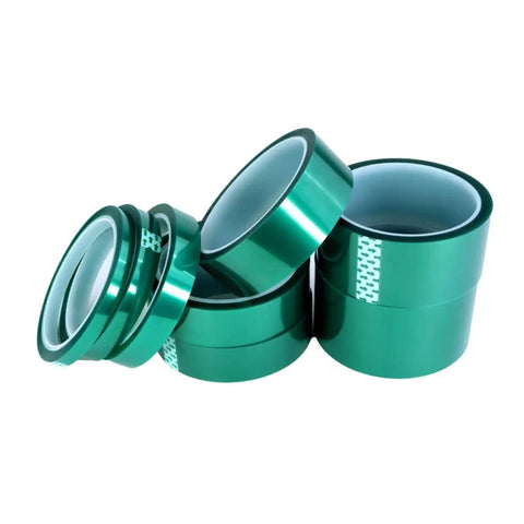 Green PET Tape for PCB soldering and SMT plating shielding, multiple rolls showing glossy surface and wide width options.