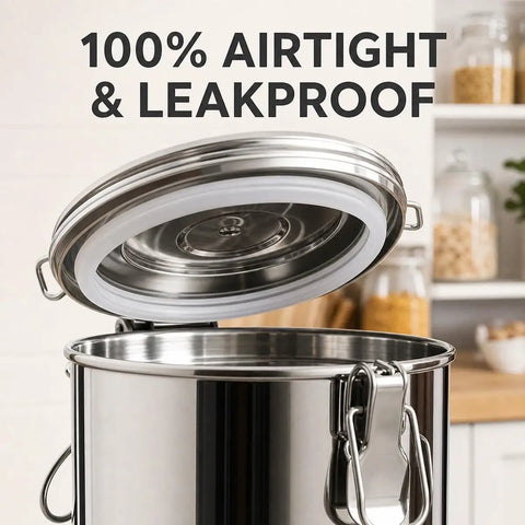 Open lid of the Top Shelf 304 Stainless Steel Water Dispenser With Airtight Lid And Snap Latches, Zero Drip Spigot For Hauling Wine Oil Or Milk, Backyard Ready Liquid Storage Barrel, 23 Gallon Tank, showing airtight seal.