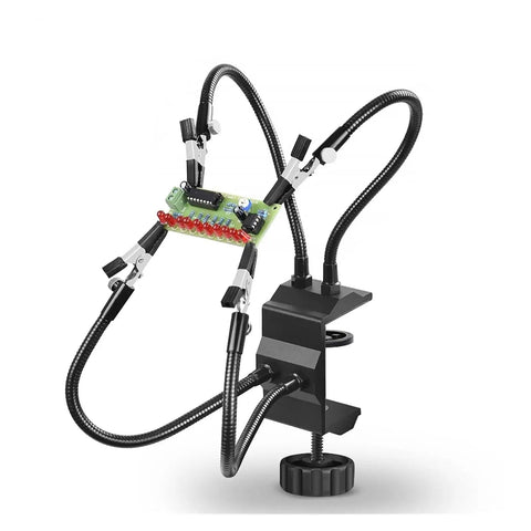 Pro Grade Four Arm Third Hand Soldering Stand With Adjustable Gooseneck Arms And Stainless Steel Alligator Clamps Holding PCB