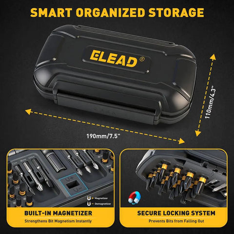 Storage case for 46 In 1 Magnetic Pro Grade Ratchet Screwdriver Set with dimensions and built-in magnetizer features.