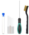 Pro Grade 3D Printer Nozzle Cleaning Kit with soft rubber handle, 0.4mm cleaning needles, copper wire brush, storage box, stainless steel tips.