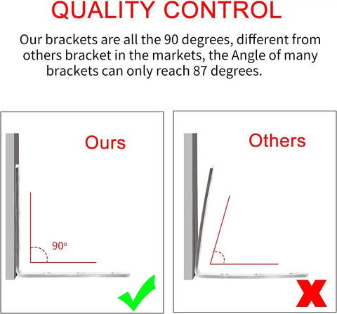 Quality control comparison showing Heavy Duty 4X4 Inch L Brackets Solid Stainless Steel Corner Supports at 90 degrees angle.