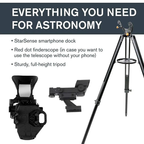 StarSense Explorer LT 114AZ App Enabled Telescope With Smartphone Dock, finderscope, and tripod setup shown.