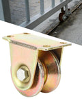 Baxnore V-groove wheel caster for 45 steel sliding door track; zinc-plated steel bracket with dual wheels.