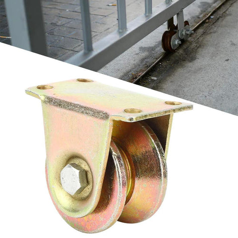 Baxnore V-groove wheel caster for 45 steel sliding door track; zinc-plated steel bracket with dual wheels.
