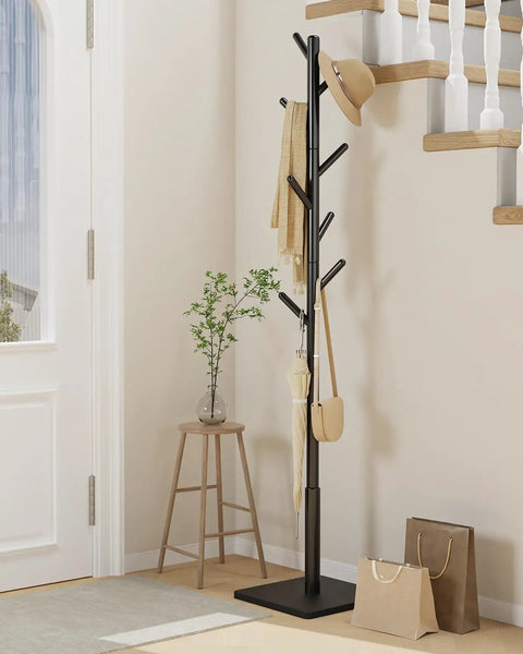 Solid Beech Wood Coat Rack Tree With Eight Hooks And Three Adjustable Heights For Bedroom Hallway Entry And Office Black Finish