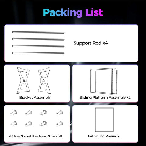 Space Saving Dual Layer 3D Printing Workstand packing list with support rods, bracket and sliding platform assemblies, screws, manual.