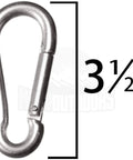 Close-up of 3.5-inch steel carabiner with spring-loaded gate, 660 lb capacity
