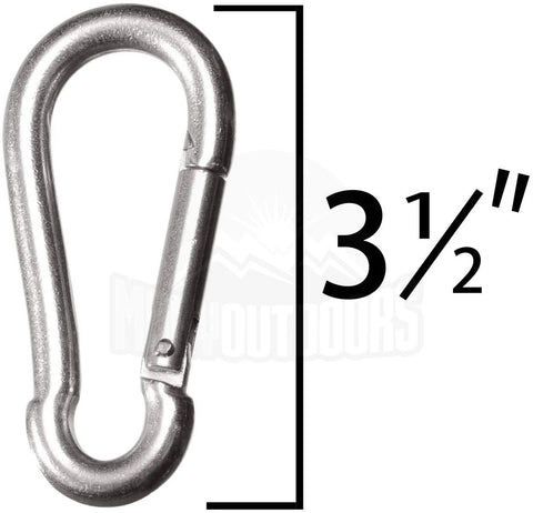 Close-up of 3.5-inch steel carabiner with spring-loaded gate, 660 lb capacity