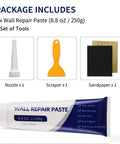 Package includes All-In-One Drywall Repair Kit with scraper, nozzle extender, and sanding sheet for fast patch jobs, white spackle paste