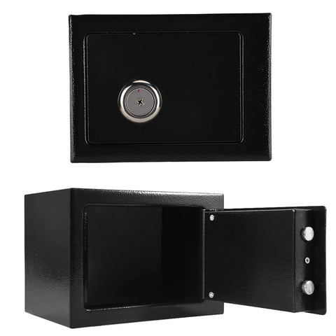 Steel Safe Box With Key Lock For Home And Office Use, Heavy-Duty Anti-Theft Jewelry Cash And Document Storage, open and closed views.