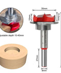 Front view of a 35mm carbide hinge-hole boring bit with 10–40mm adjustable depth, mounted on a drill shaft; wooden test disc.