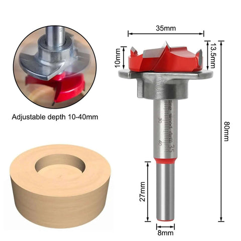 Front view of a 35mm carbide hinge-hole boring bit with 10–40mm adjustable depth, mounted on a drill shaft; wooden test disc.