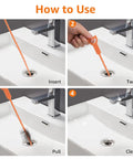 Six Pack Heavy Duty Drain Snake Set With Five Plastic And One Stainless Steel Hair Clog Remover For Toilet Kitchen Sink Bathtub And Sewer Busts Stubborn Jams Fast usage steps in four images showing insertion, twisting, pulling, and cleaning.