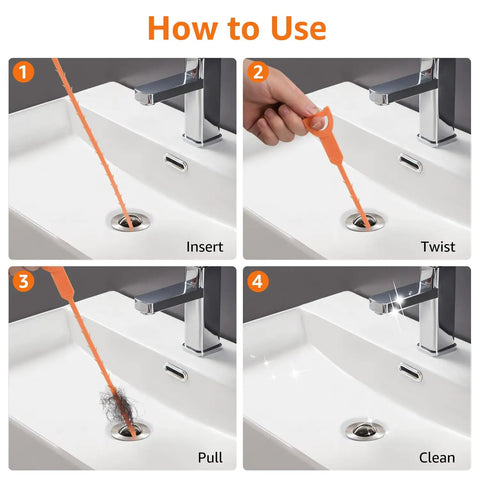 Six Pack Heavy Duty Drain Snake Set With Five Plastic And One Stainless Steel Hair Clog Remover For Toilet Kitchen Sink Bathtub And Sewer Busts Stubborn Jams Fast usage steps in four images showing insertion, twisting, pulling, and cleaning.