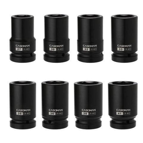 One-Inch Drive Deep Impact Socket Set for Wheel Nuts, 6-Point Metric Sockets, CR-MO Steel, 8 pieces lined up with sizes labeled.