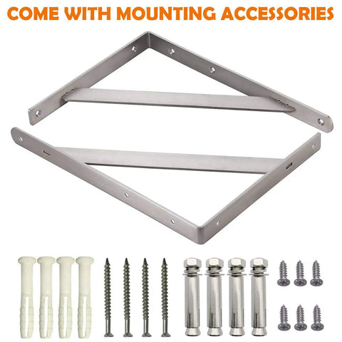 Heavy Duty Beefy Stainless Steel Shelf Brackets 16 By 12 Inches Max Load 550 Lb Built To Last Solid Corner Brace with mounting accessories