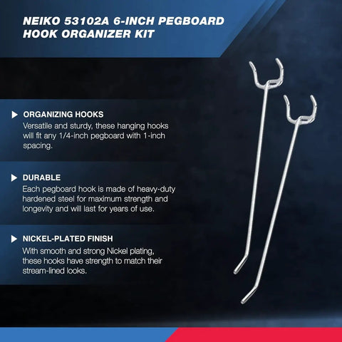 Two 6-inch nickel-plated pegboard hooks for the Six Inch Pegboard Hook Organizer Kit 50 Pack For Garage Wall Storage And Shelving.