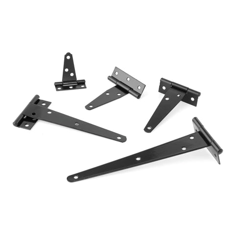 Hella Sturdy Heavy Duty T Shaped Black Iron Barn Door Hardware Kits Built Tight For Rustic Kitchen Cabinets Secure Wardrobes And Patio Gate Brackets Pair, set of five hinges.