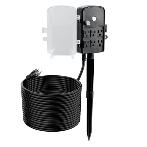 Heavy Duty Weatherproof Outdoor Power Stake With 50 Ft Extension Cord Six Sturdy Outlets Built To Handle The Grind For Christmas Lights And Backyard Projects Dead Simple Yard Power Setup, black outdoor power stake with six outlets and 50 ft cord.