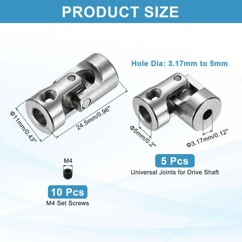 Five Pack Universal Joint Shaft Couplings 3.17mm To 5mm Inner Diameter Rotatable Steering Shaft Joint With Screws For RC Cars Robots And Boat Drive Systems, 45# steel, 11 x 24.5 mm