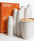 8 Oz Disposable Paper Coffee Cups, 100 Count, Leakproof White Cups For Hot Or Cold Drinks displayed with coffee box