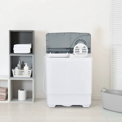Straight Up A Smooth Portable Washing Machine With Twin Tub Layout, 26 Lbs Total Capacity Including An 18 Lbs Washer Plus 8 Lbs Spinner, Compact Electric Laundry Setup With Manual Dials And Drain Pump in a minimalist laundry space.