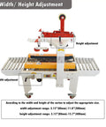 Intsumai Auto Tape Case Sealer Box Carton Packing Machine adjustable width and height settings displayed, side view.
